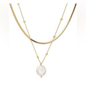 Double Layer 18k Gold Plated Necklace w/ Round Coin Pearl Herringbone & Dainty